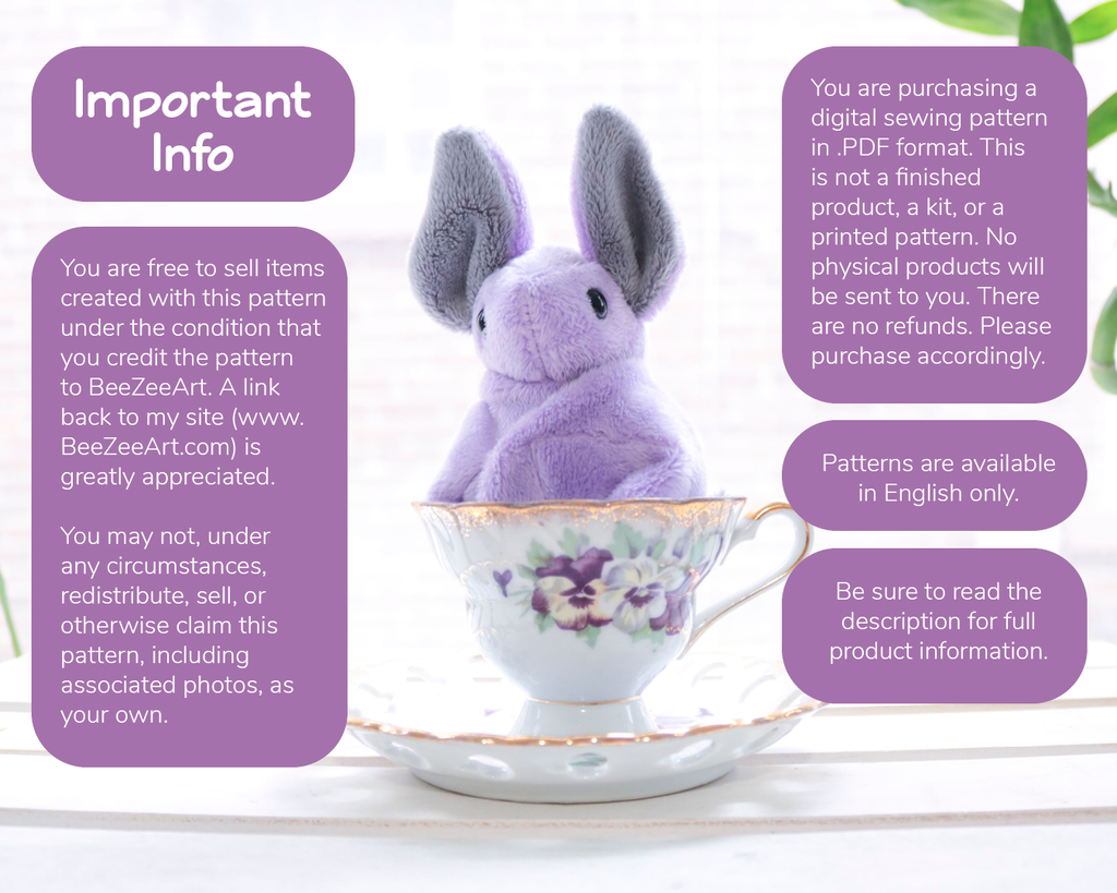 A purple bat plush sits in a teacup and text overlay includes the information under the "Important info" section from the description. 