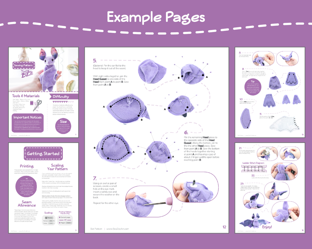 The page reads "Example Pages" and 5 examples of the sewing pattern's finished pages are shown.