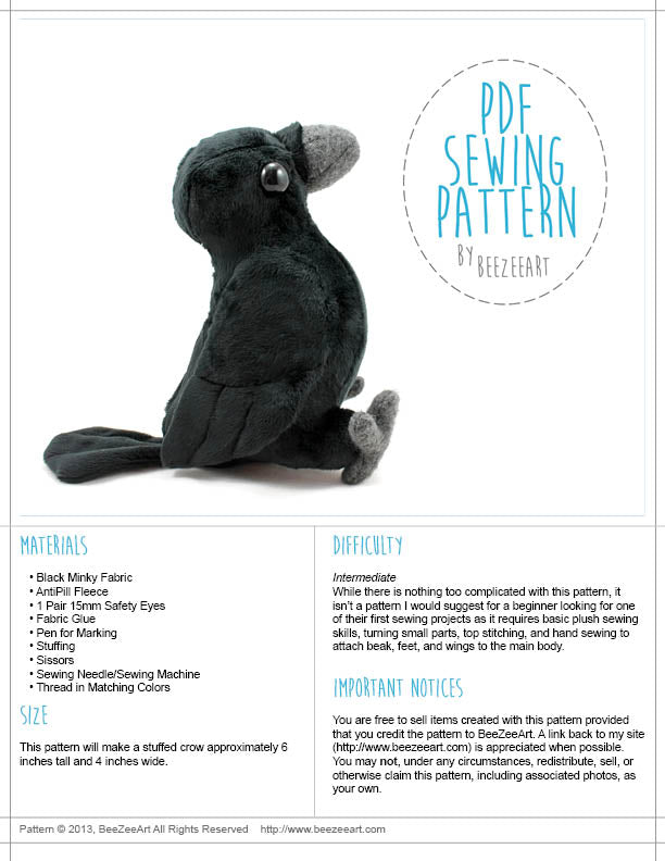 Crow Stuffed Animal Sewing Pattern - Digital Download – BeeZeeArt