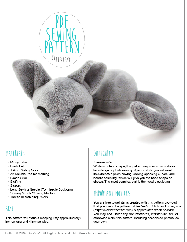 Sleepy Cat Stuffed Animal Sewing Pattern, PDF Plush Pattern, Digital Download, Pattern, BeeZeeArt 