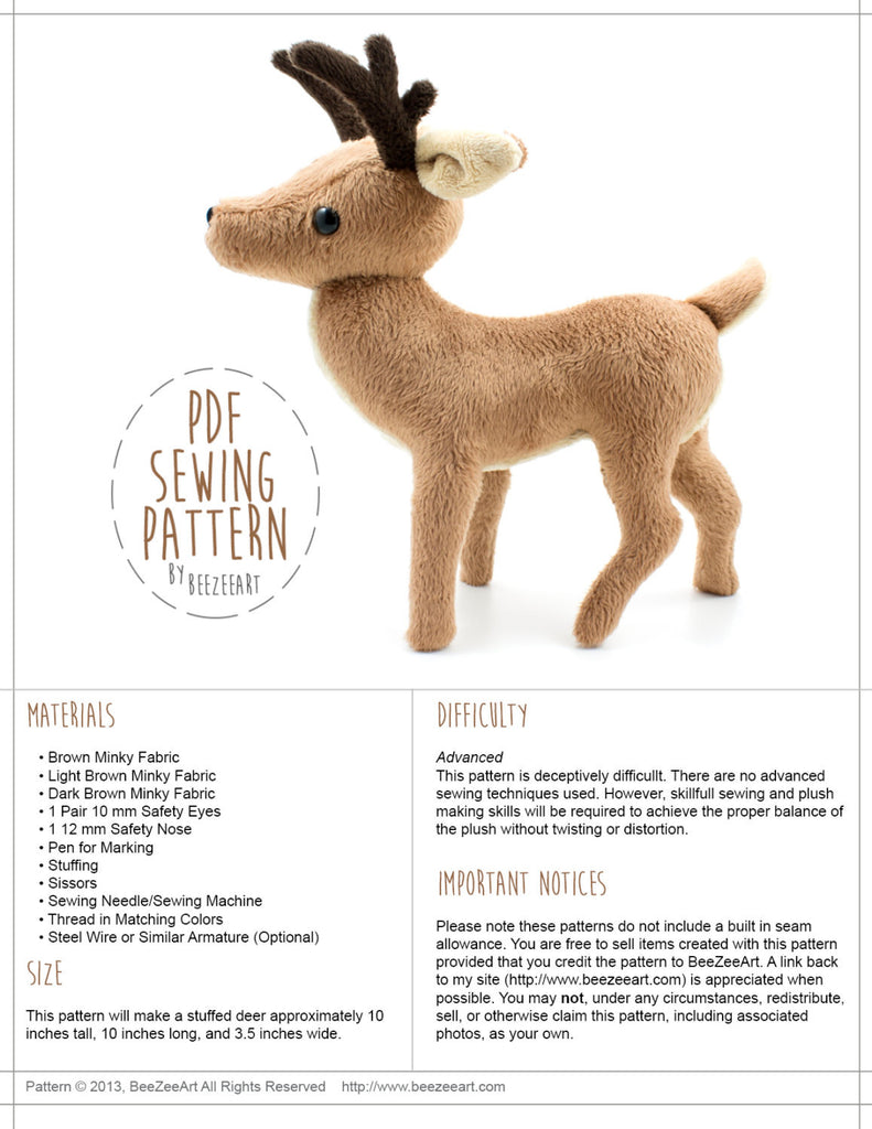 Deer Stuffed Animal Sewing Pattern  - Digital Download, Pattern, BeeZeeArt 
